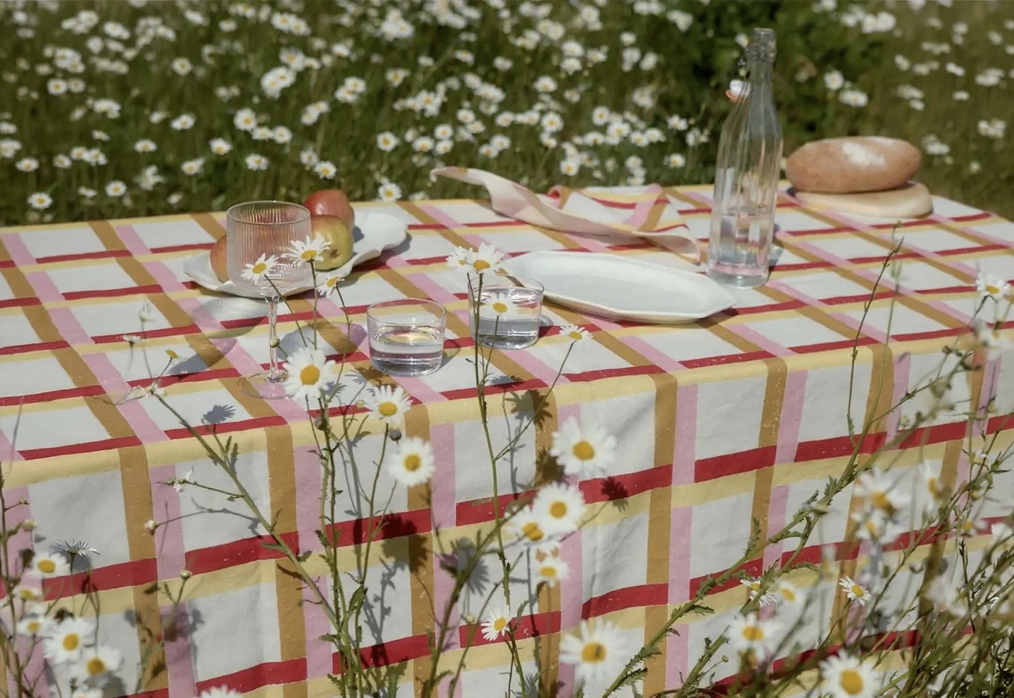 Battenberg patterned pink and yellow tablecloth