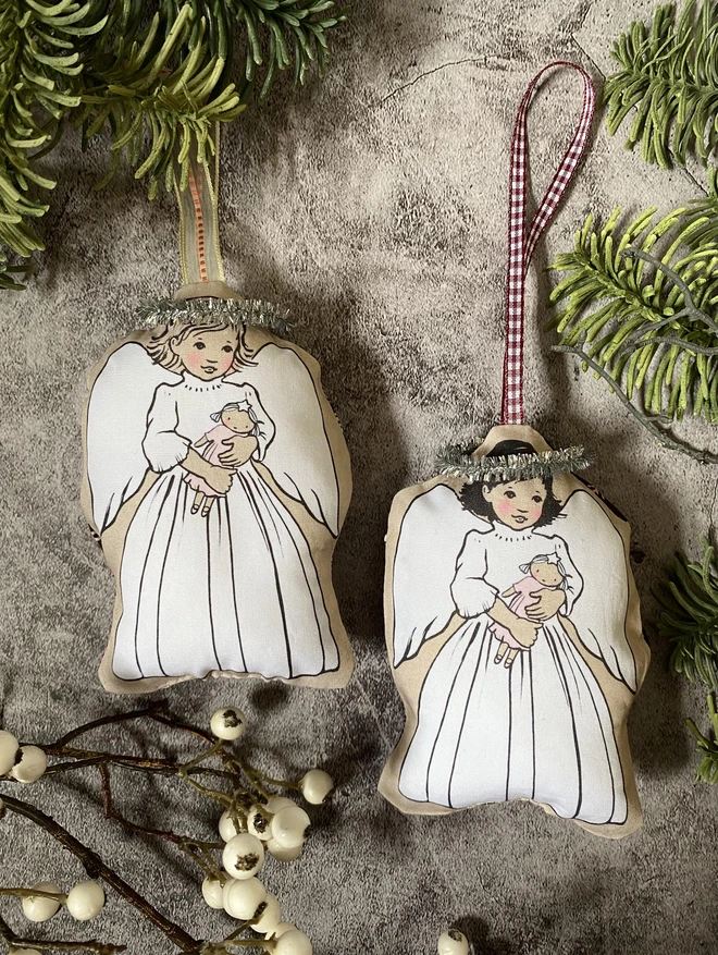 2 angel plush Christmas tree decorations, vintage style illustrations of girl angels holding fairy dolls