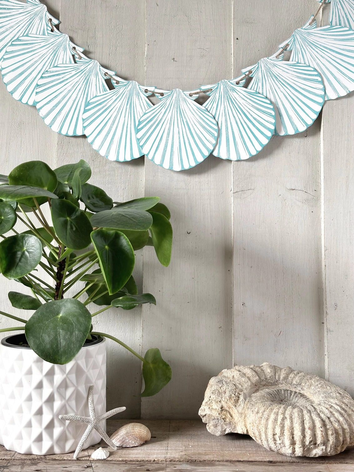 Teal Shells Linocut Garland.Hand Printed Seaside Shapes