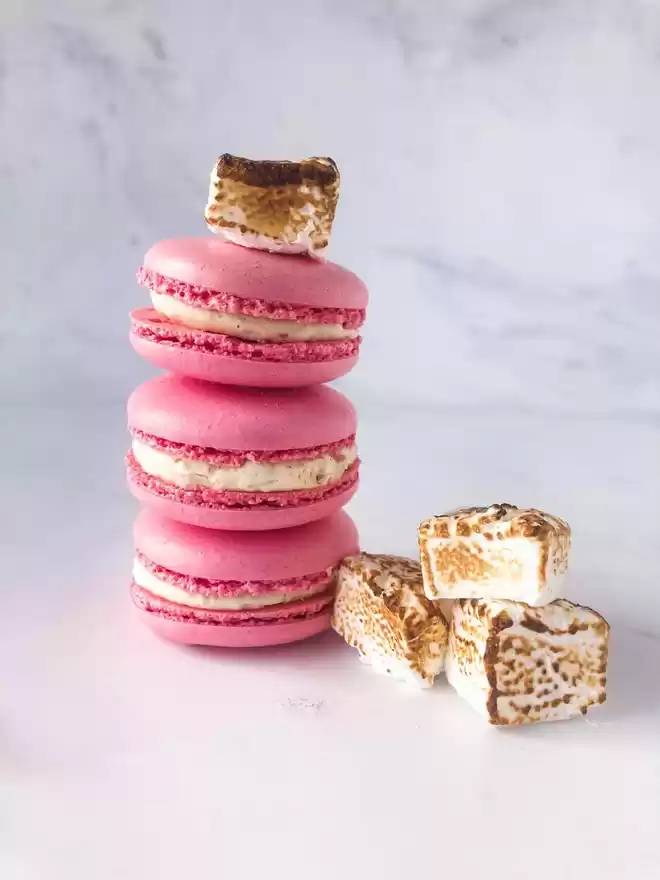 a stack of pink macarons with toasted marshmallows