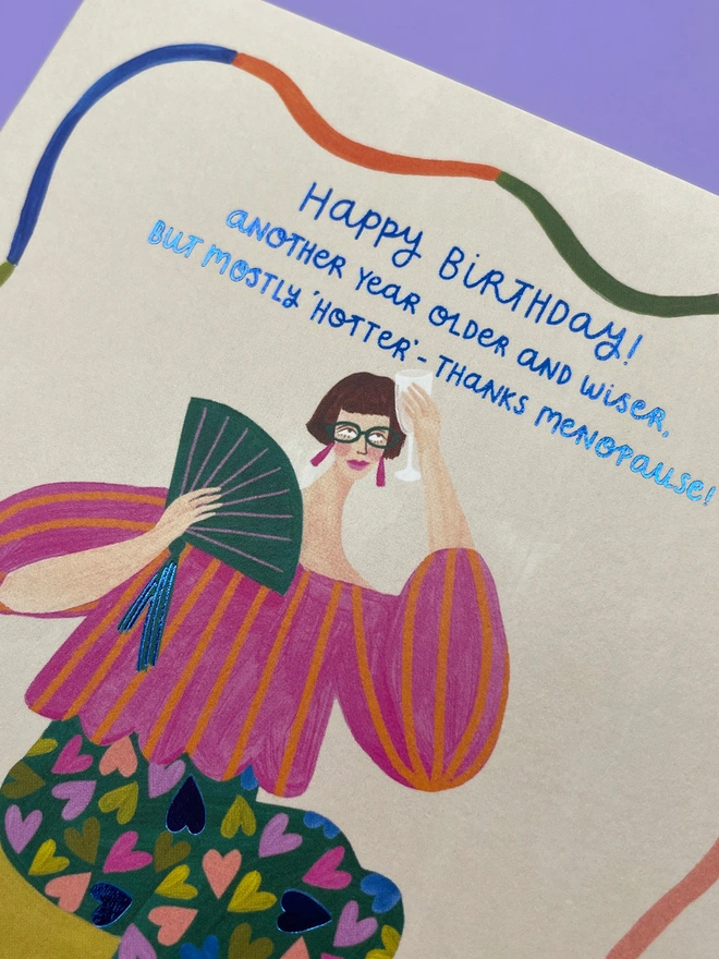 Colourful Humour Menopause Birthday Card Detail | Raspberry Blossom