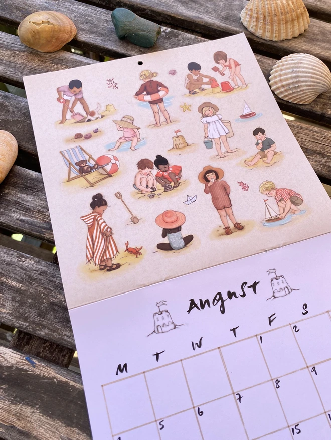 a summer image of a calendar open on the month of August featuring illustrations of children playing on a beach