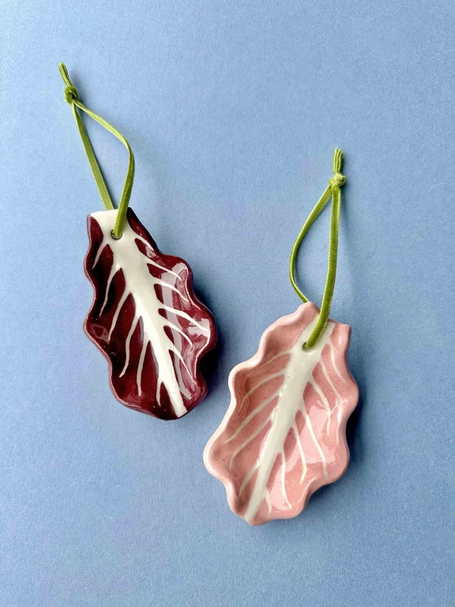 handmade ceramic radicchio lettuce leaf christmas hanging decorations