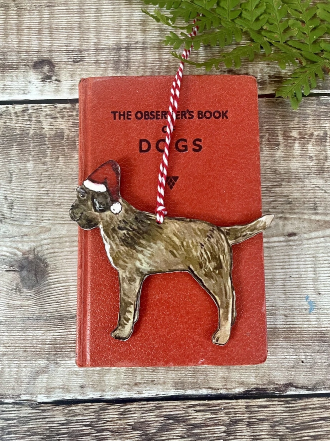 Border Terrier Christmas Tree Decoration with red and white twine