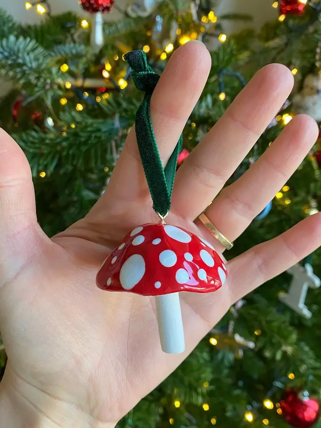 handmade ceramic red and white toadstool bauble 