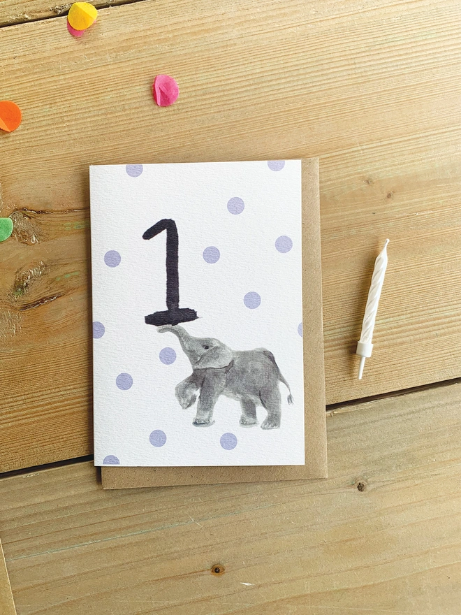 Elephant First Birthday Card 