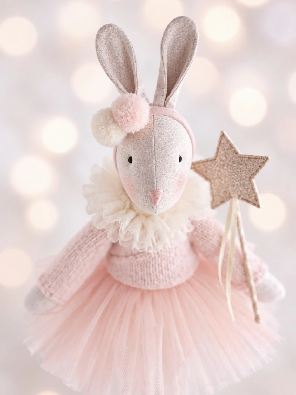 Christmas ballerina Verity bunny, linen bunny with tulle tutu and knitted cardigan holding a star wand.