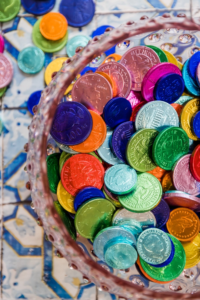 Colourful chocolate coins seen in a bowl.