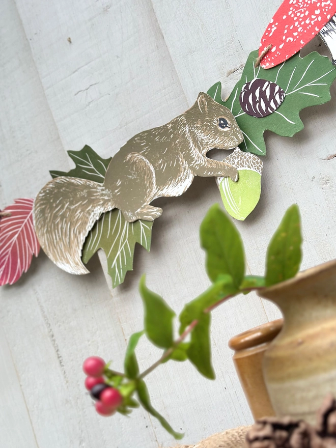 Squirrel Linocut Garland,Hand Printed Autumnal Woodland 