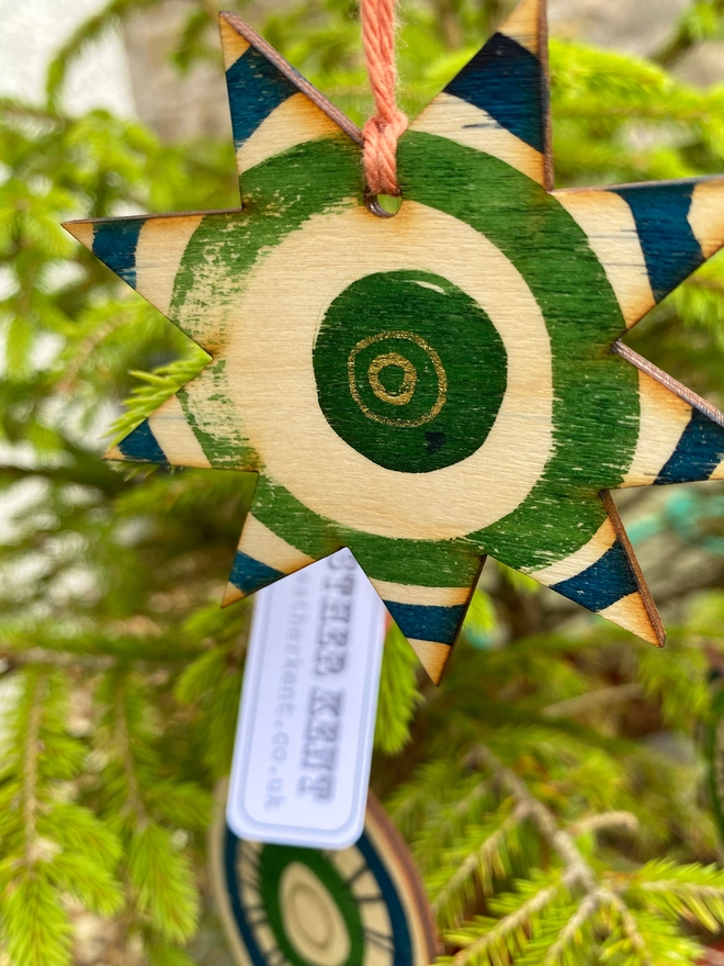 Esther Kent hand painted wooden star and circle decorations in blue and green