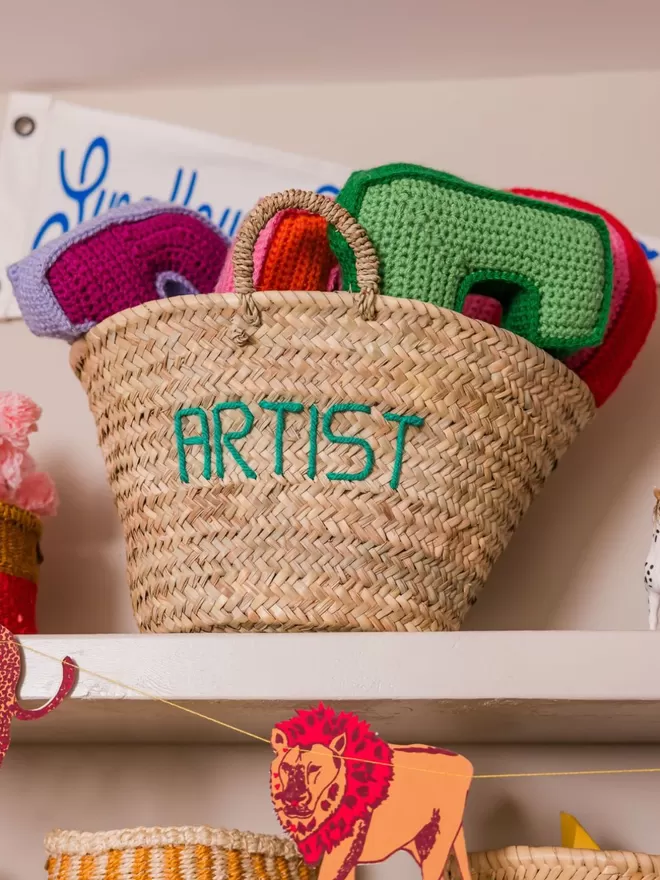 LoLA Large artist basket with colourful embroidery great storage for a beautiful home