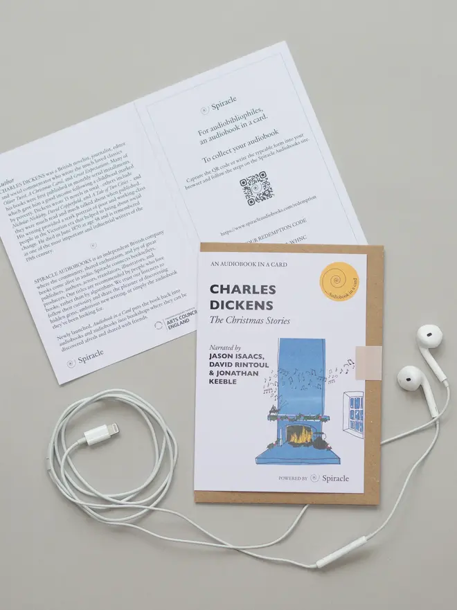 'Charles Dickens: The Christmas Stories' Audiobook Card, against a grey background. 