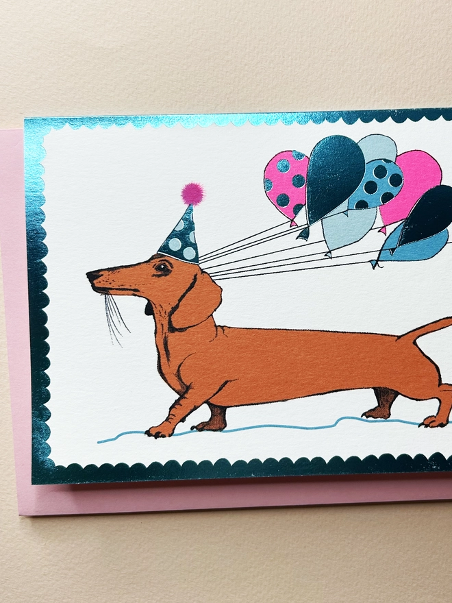 Foiled dachshund Card, Hannah Carvell, Balloons