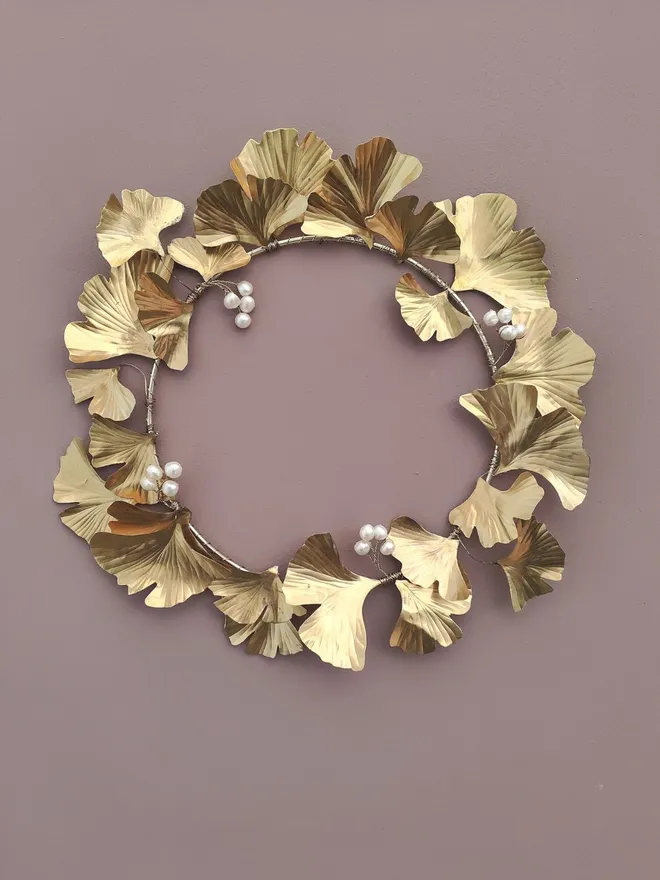 Brass Gingko Leaves Pearl Wreath