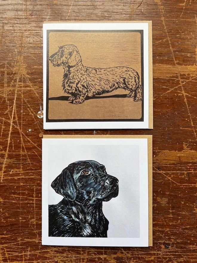 teckel and black Labrador linocut art cards