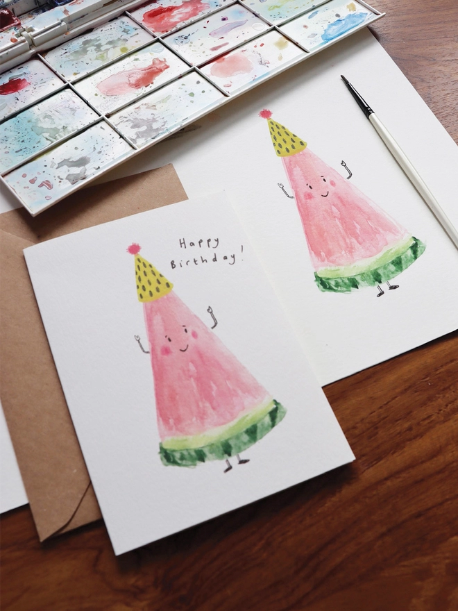 Watermelon wearing a party hat Birthday Card 