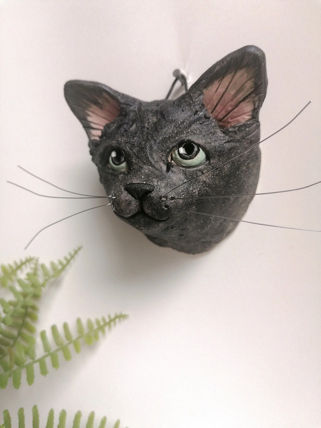 Black Cat Head With Green Eyes Ceramic Sculpture TBC