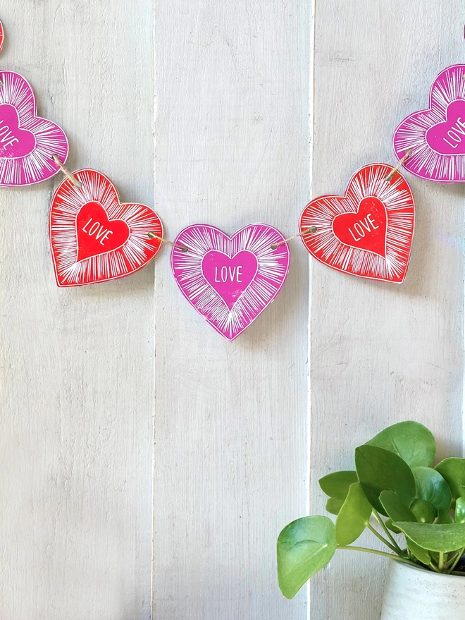 Heart Garland "Love Within" Linocut Hanging Decoration