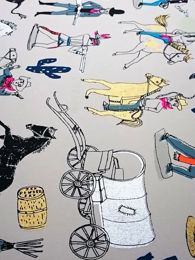 Cowboys Are Square, Indians Are Best Yee Hah!, a collection of colourful cowboy designs on a white screenprint. 