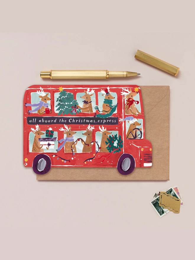 Reindeer Bus Christmas Card by Sister Paper Co with a kraft envelope
