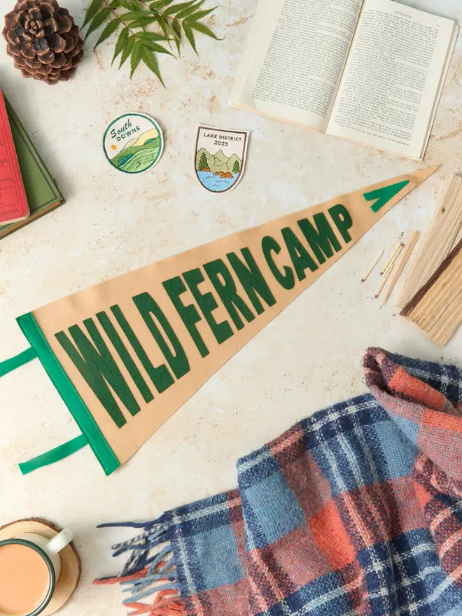 Custom camp pennant in biscuit and green 