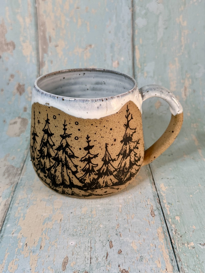 Black White Christmas tree forest rustic cozy mug