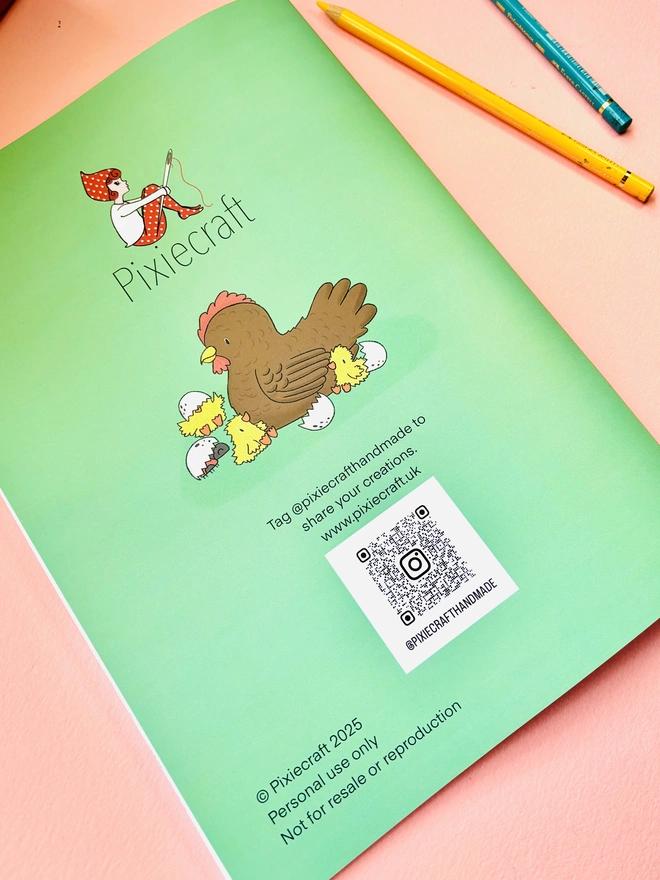 Back page of baby animals colouring book with Pixiecraft logo and cute chickens 