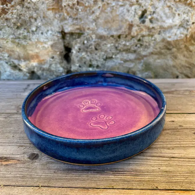 Landscape Cat Bowl, a colourful cat bowl placed on a wooden surface against a brick backdrop. 