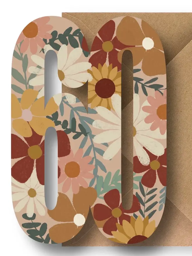floral 60th birthday card. card shaped like 60 adorned with illustrated flowers.