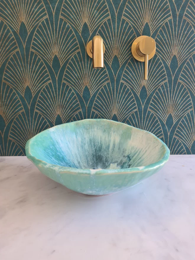 Handcrafted ceramic bathroom basin, J.Hopps Pottery, Jenny Hopps, Bathroom basin, sink, wc, ensuite, homeware, bathroom decor, pottery, blue, green, gold taps and green wallpaper, art deco