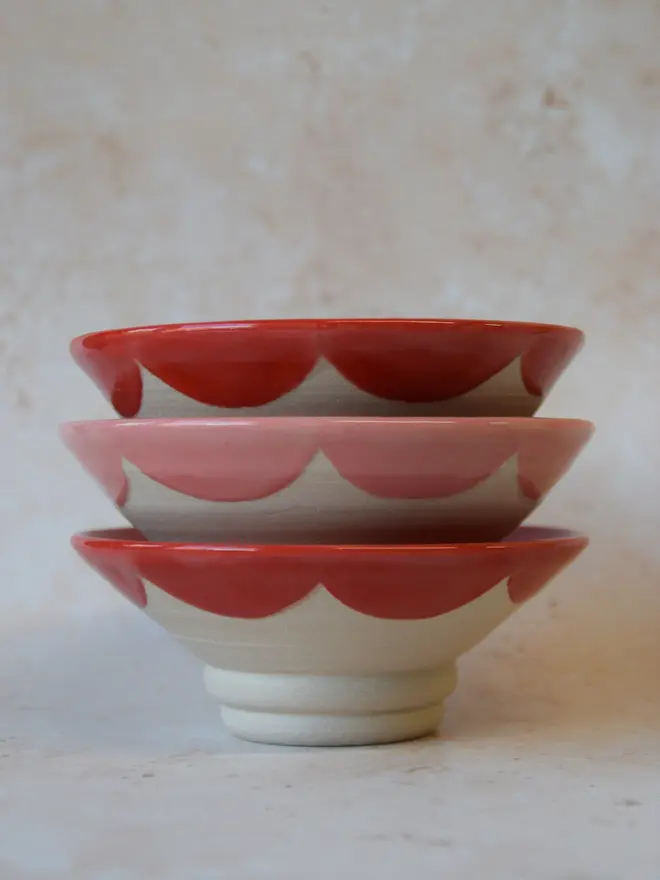 Handmade scalloped edge trinket dishes - stacked set of three in red and pink