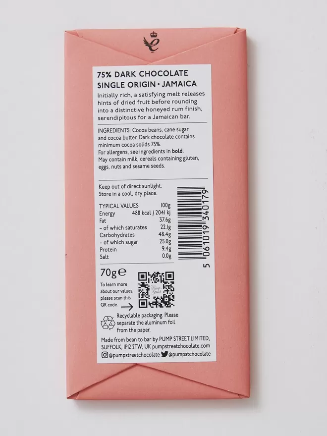 Back of Jamaica 75% 70g Chocolate Bar, Pump Street Chocolate