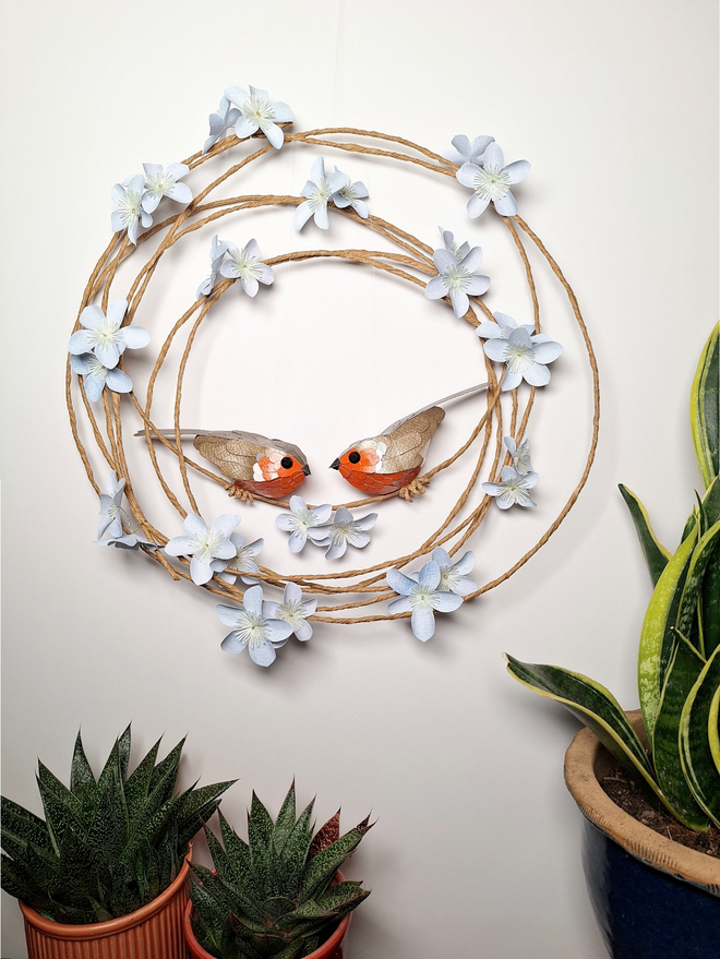 Robin duo on a floral wreath
