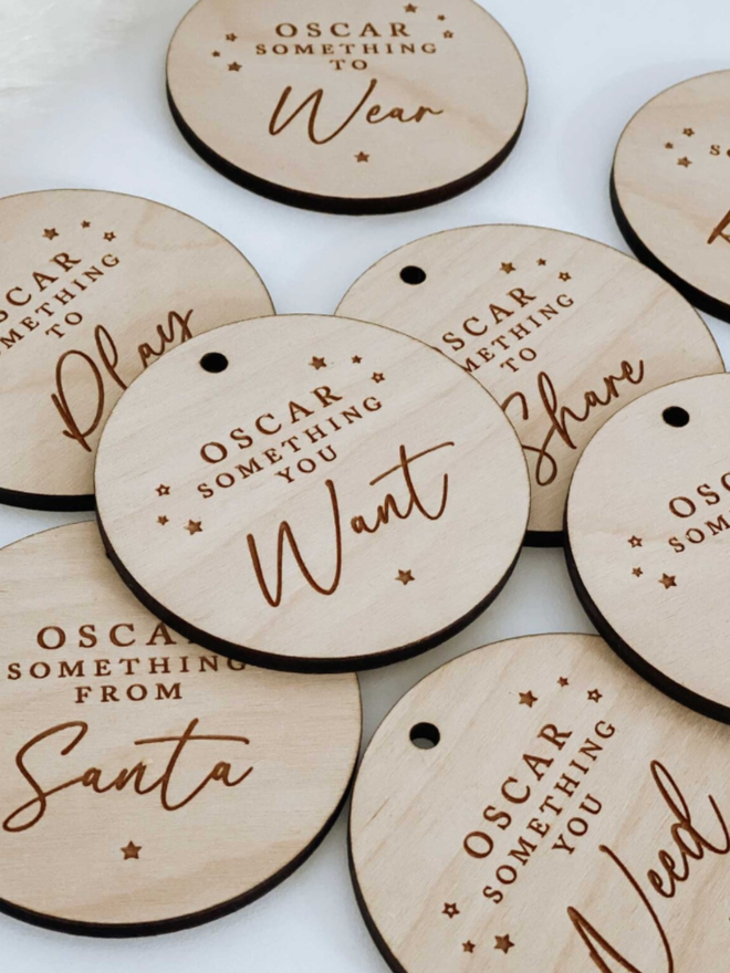 Elegant Wooden Christmas Gift Tag. A selection of the tags available.