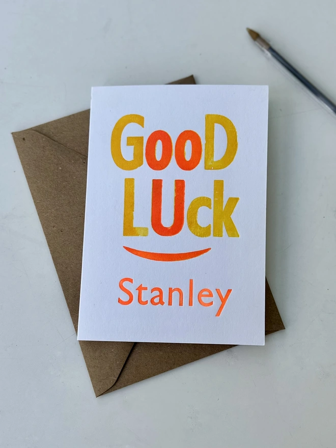 good luck card and envelope personalised letterpress