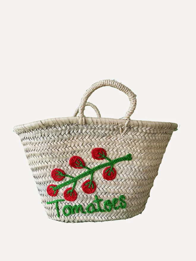 'Tomatoes' Hand Embroidered Market Basket 