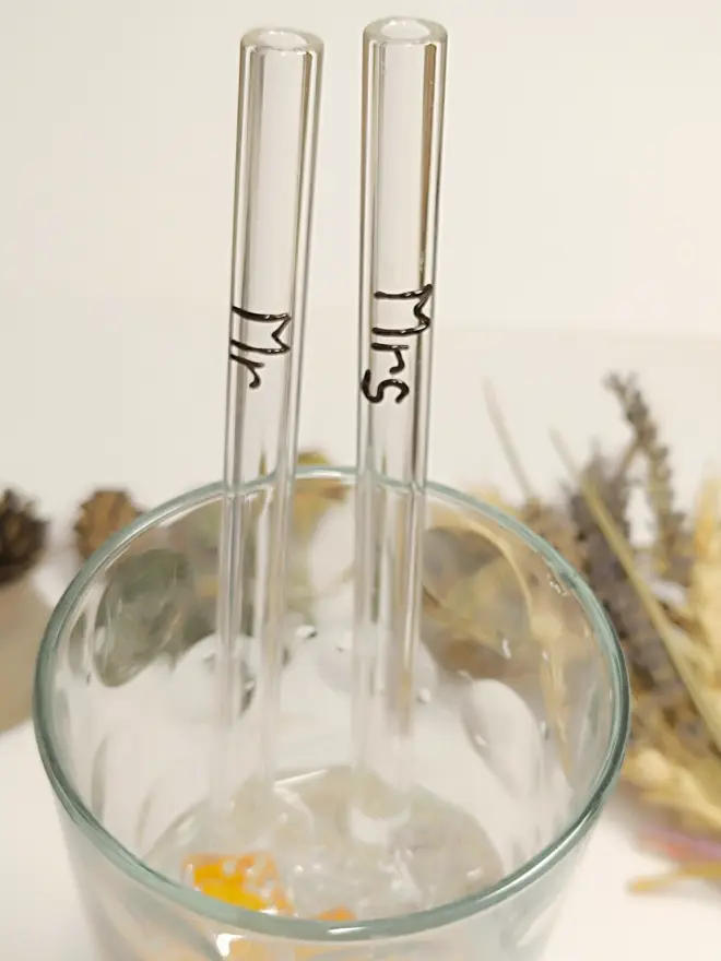Close up of Mr & Mrs Straws in a drink