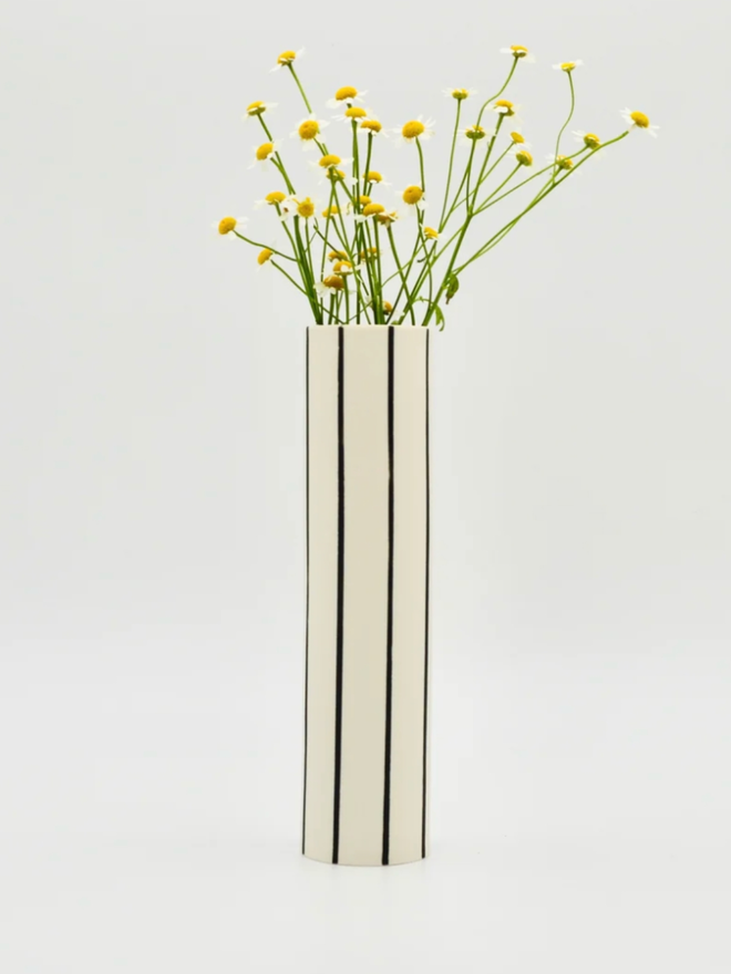 Striped Vase. A thin black and white striped vase.