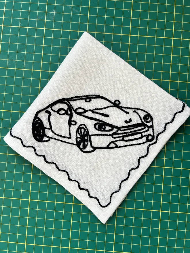Embroidered Car Linen Handkerchief, a personalised handkerchief with a car motif. 
