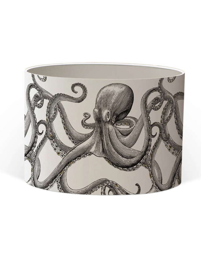 Drum Lampshade featuring Octopus with a white inner on a white background