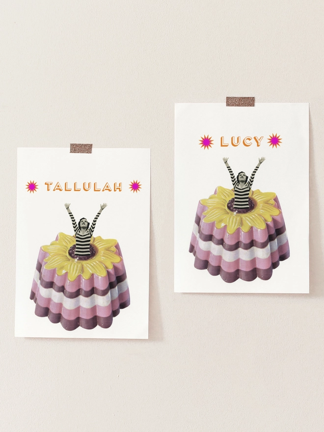 A retro personalised food print featuring a woman jumping out of a giant blancmange.