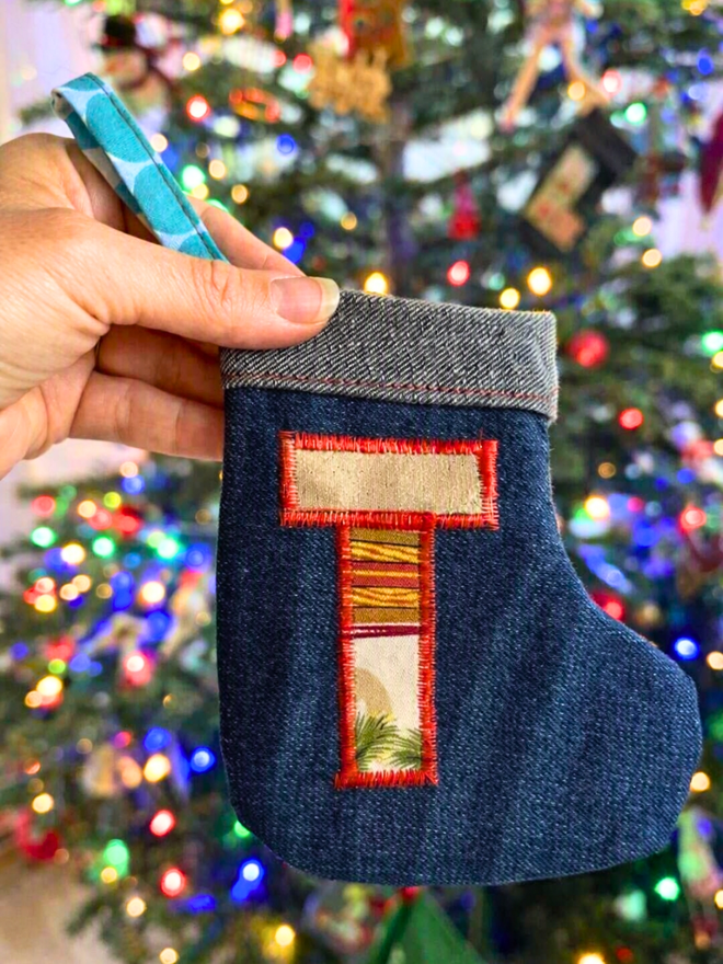 Mini denim Christmas stocking tree decoration