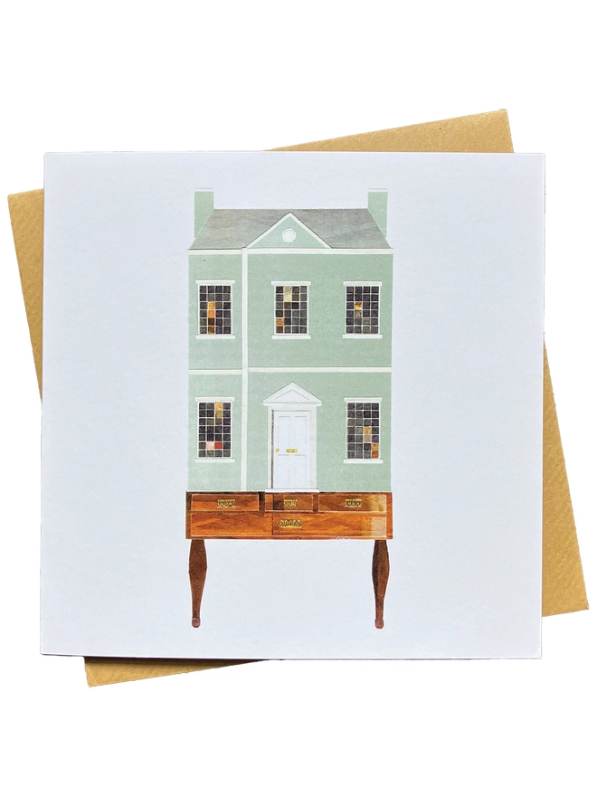 Greetings Card with recycled paper collage of a Georgian stye Dolls' House