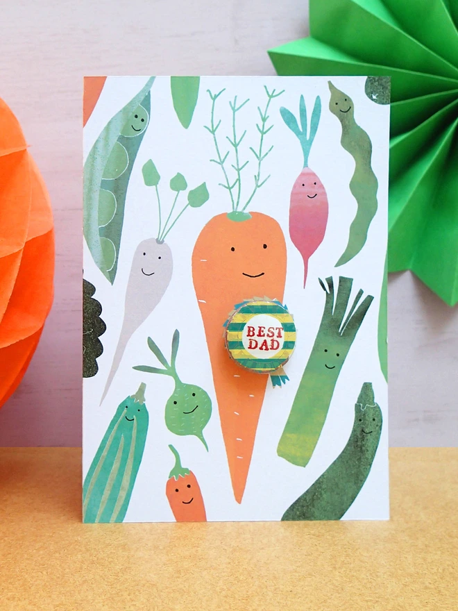 Carrot best dad greeting card with rosette pin badge
