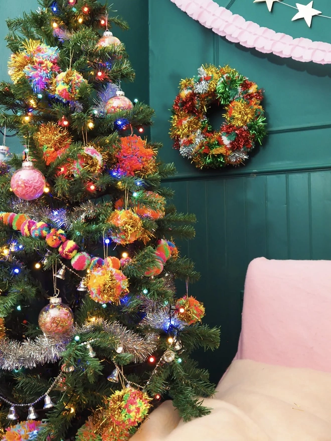 Multicolour Pom Pom Christmas Tree Garland