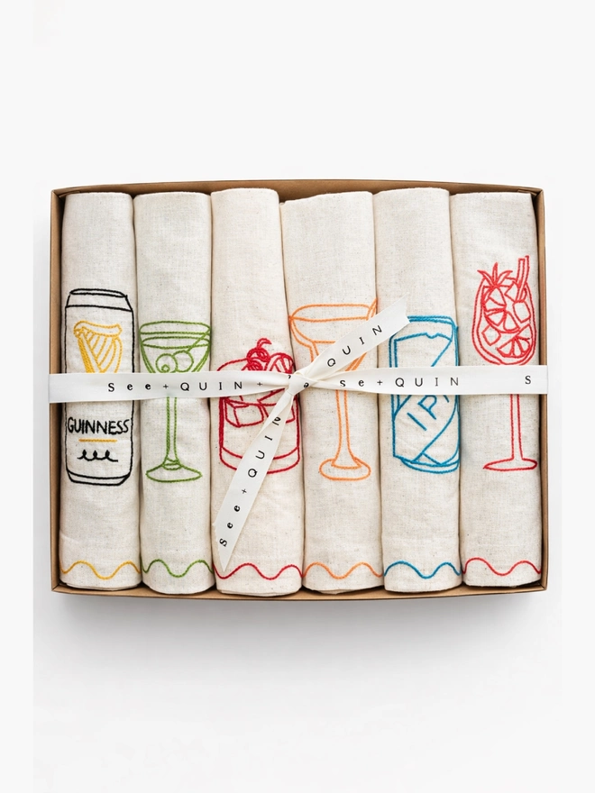 gift box embroidered cocktail favourite tipple napkins