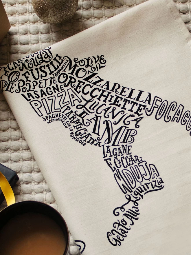 Italian Black and white tea towel ideal gift for foodies