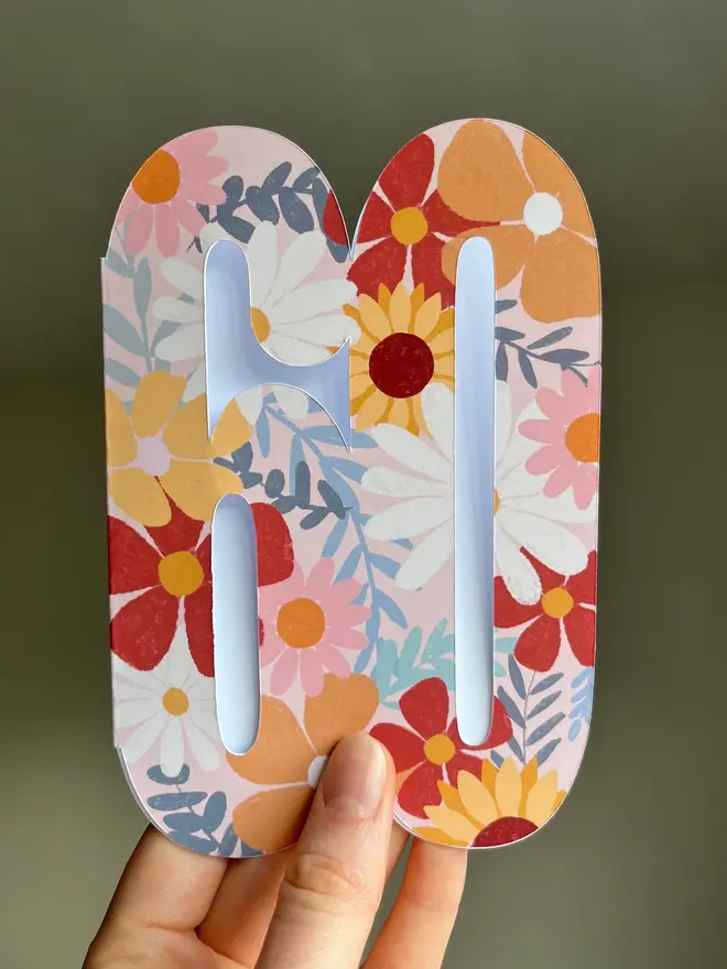 floral 60th birthday card. card shaped like 60 adorned with illustrated flowers.