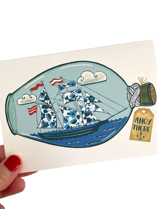 Ahoy There! Ship in a Bottle Greetings Card
