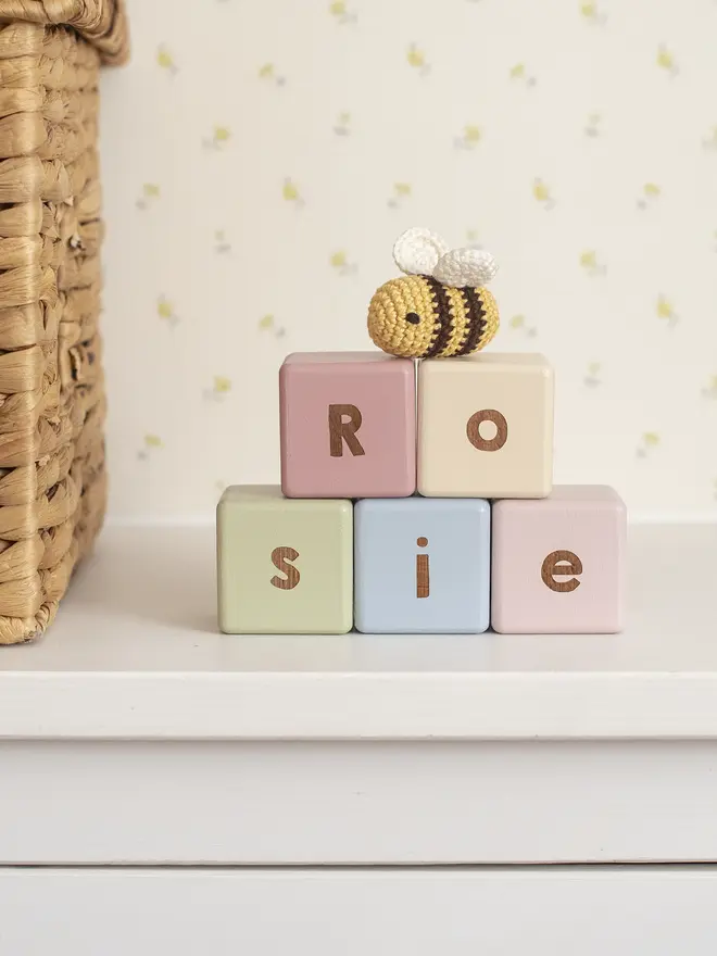 wooden baby letter blocks, wooden blocks spelling the name Rosie